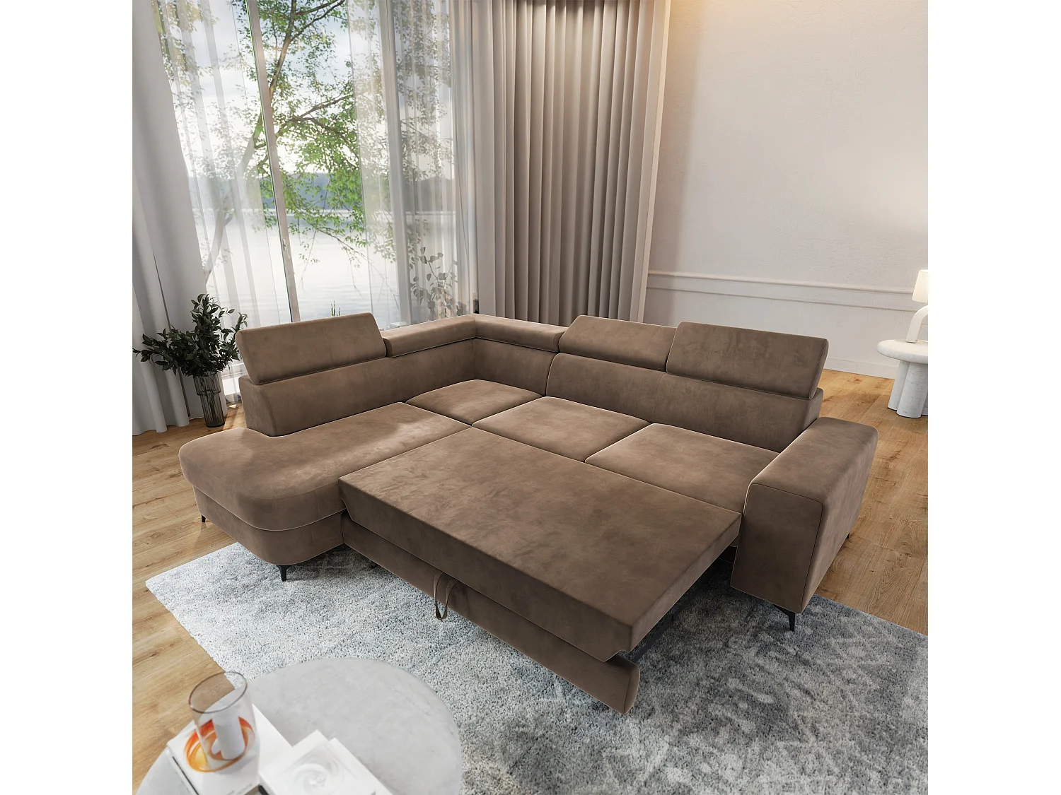 Hoekbank ALVORO van fluweel met slaapfunctie Beige