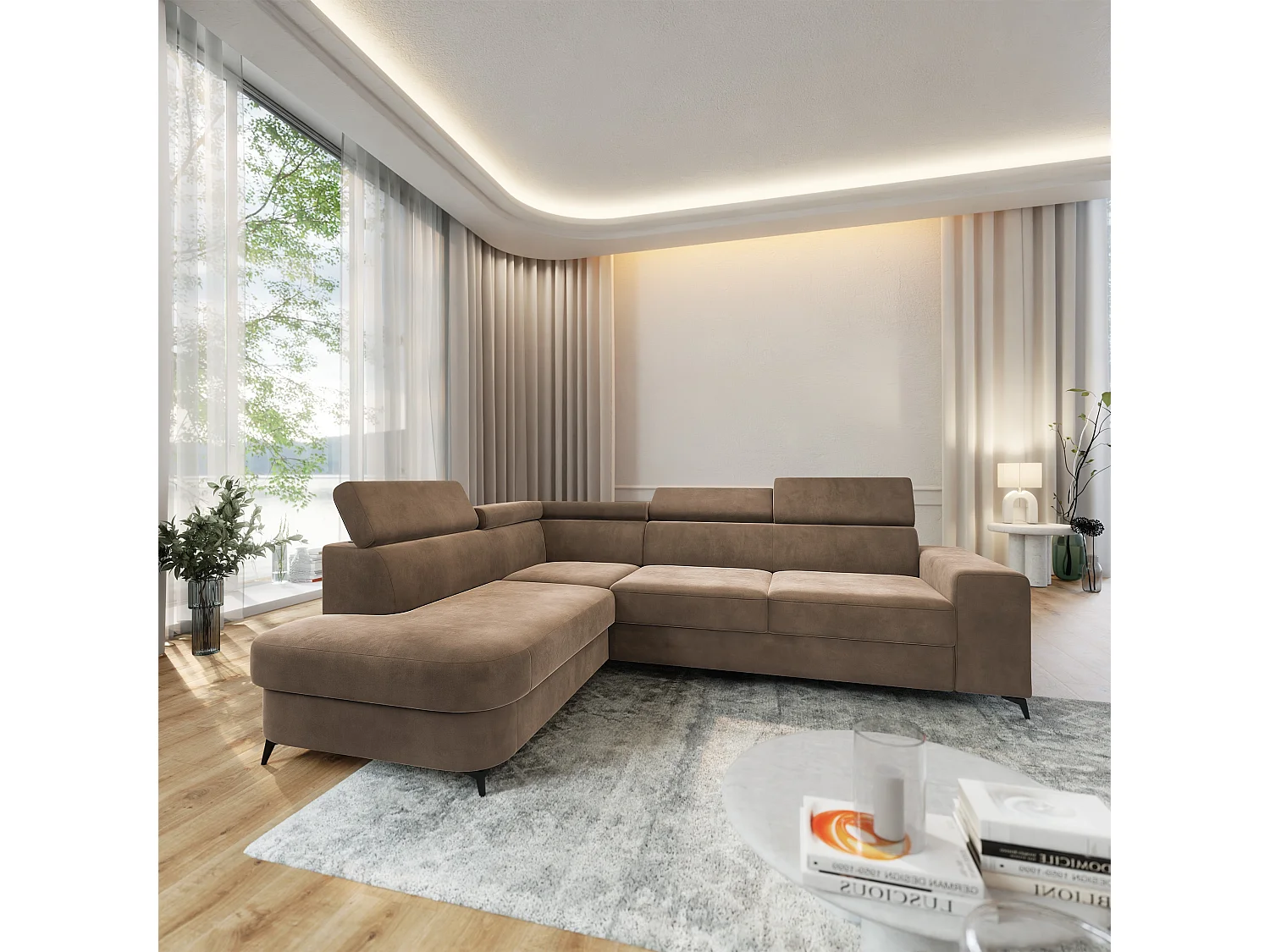 Hoekbank ALVORO van fluweel met slaapfunctie Beige