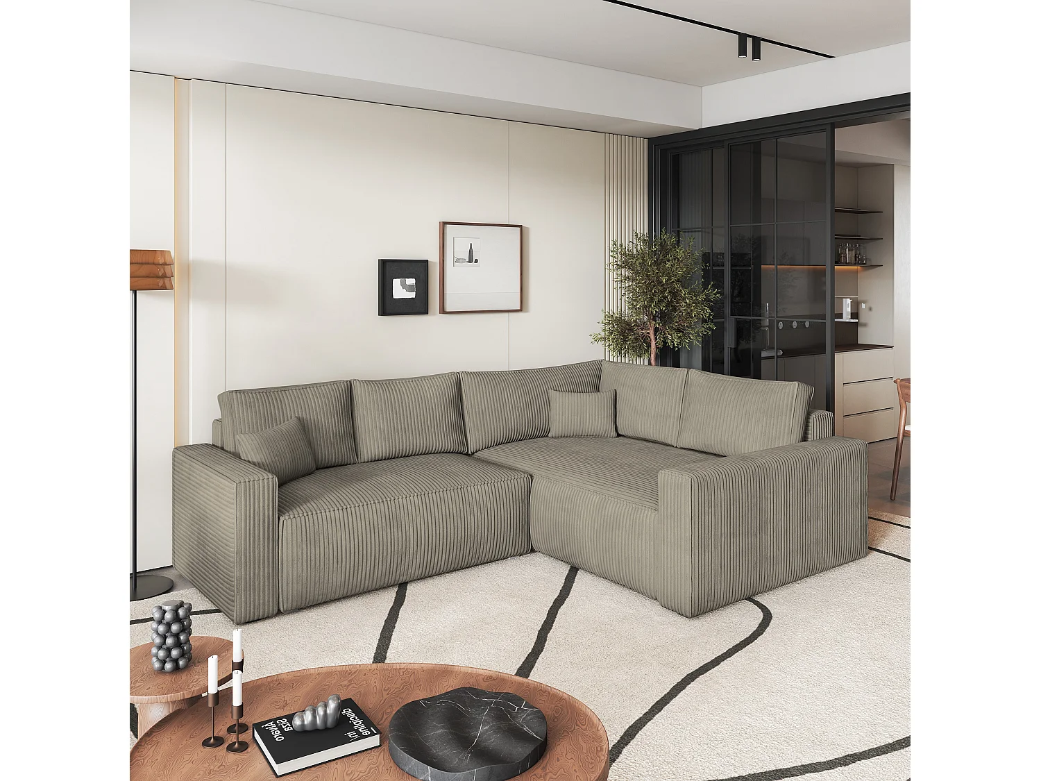 Canapé D'angle Eronis Beige En Velours Côtelé Avec Fonction De Couchage