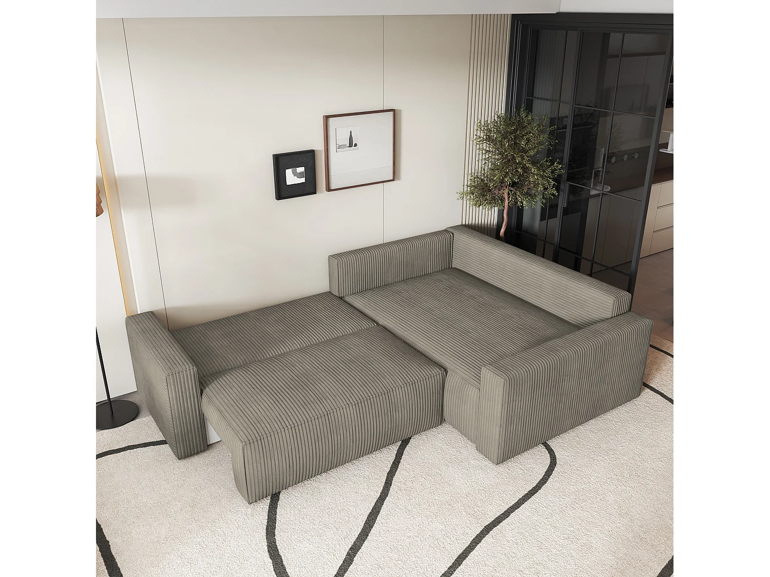 Canapé D'angle Eronis Beige En Velours Côtelé Avec Fonction De Couchage