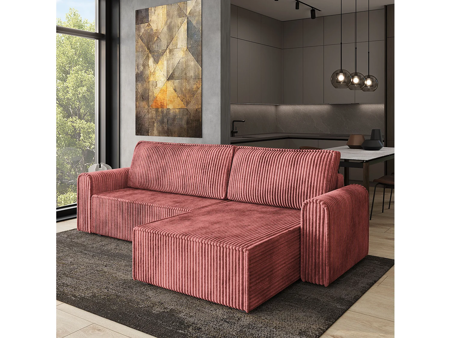 Hoekbank VALTINO van fluweel met slaapfunctie Rosa