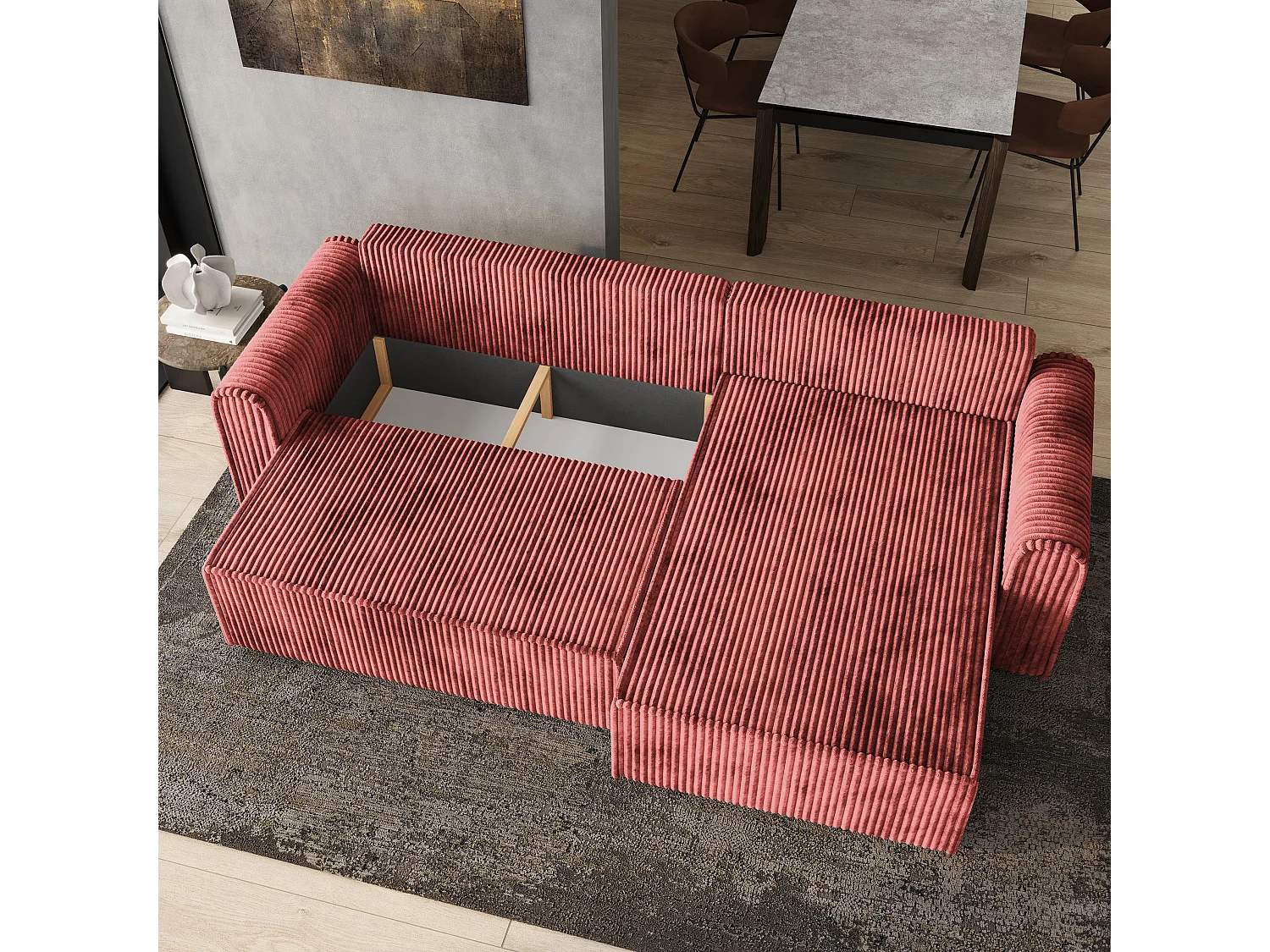 Hoekbank VALTINO van fluweel met slaapfunctie Rosa