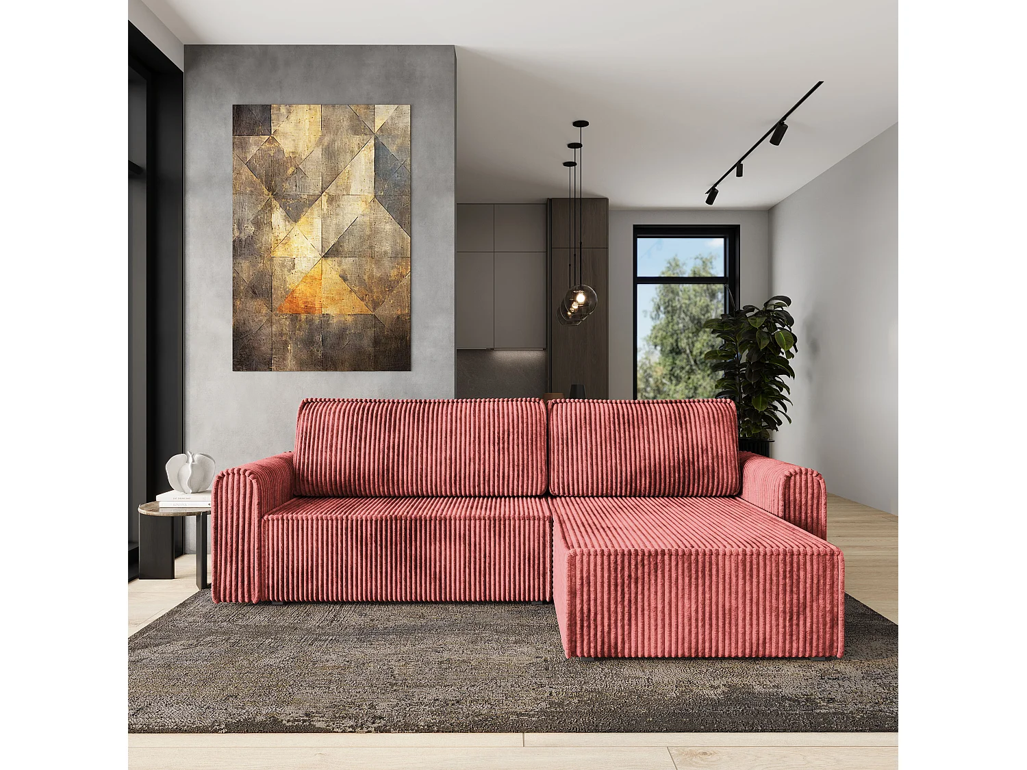Hoekbank VALTINO van fluweel met slaapfunctie Rosa
