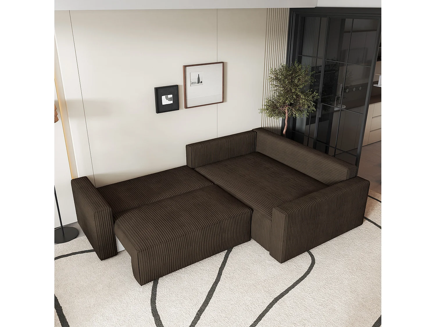 Hoekbank ERONIS van fluweel met slaapfunctie Braun