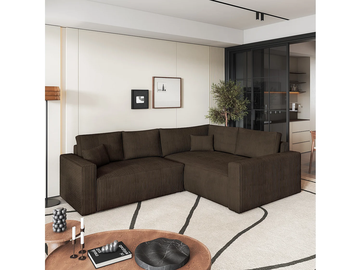 Canapé D'angle Eronis Marron En Velours Côtelé Avec Fonction De Couchage