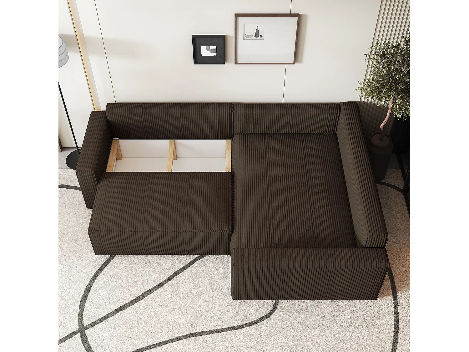 Canapé D'angle Eronis Marron En Velours Côtelé Avec Fonction De Couchage