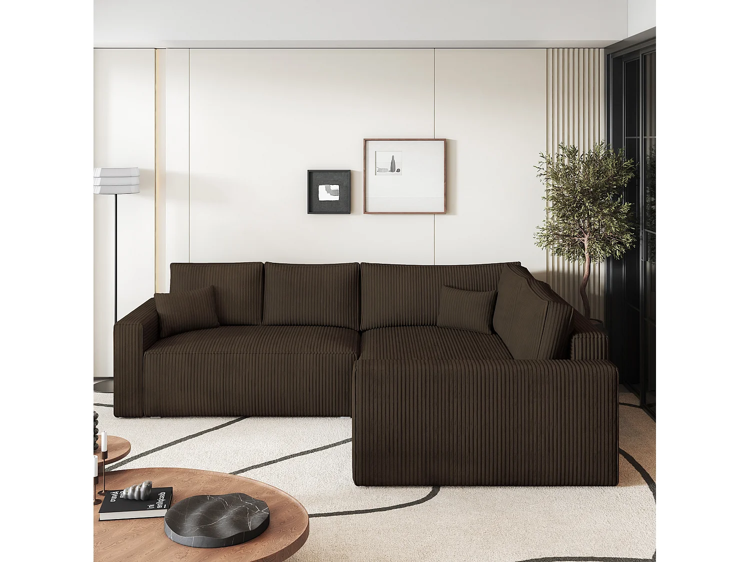 Canapé D'angle Eronis Marron En Velours Côtelé Avec Fonction De Couchage