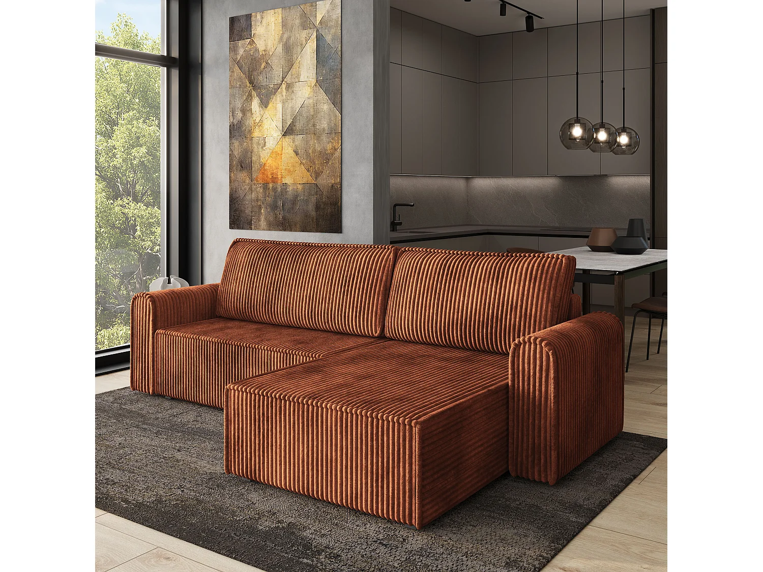 Hoekbank VALTINO van fluweel met slaapfunctie Braun