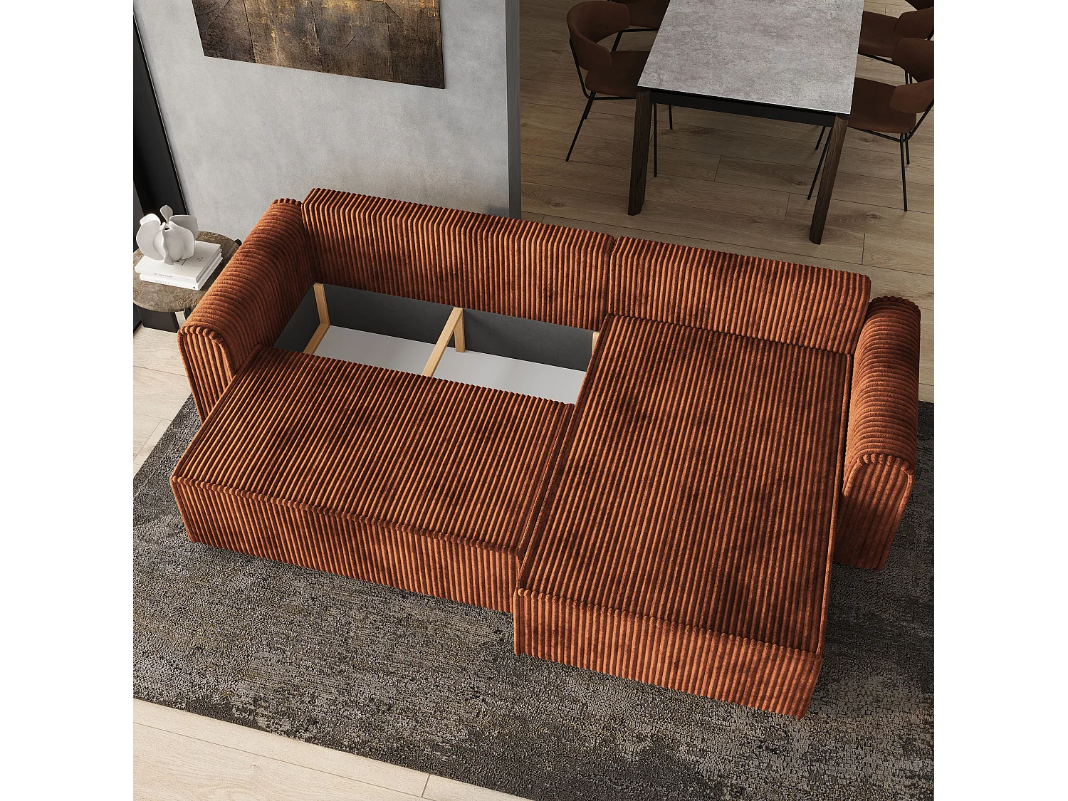 Hoekbank VALTINO van fluweel met slaapfunctie Braun