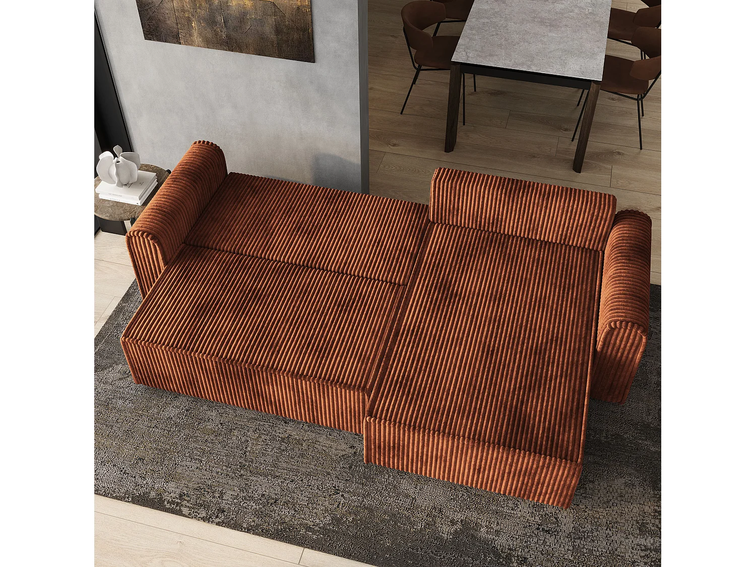 Hoekbank VALTINO van fluweel met slaapfunctie Braun