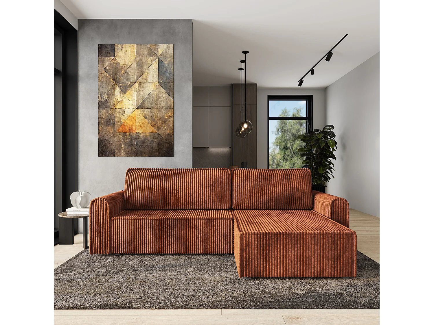 Hoekbank VALTINO van fluweel met slaapfunctie Braun