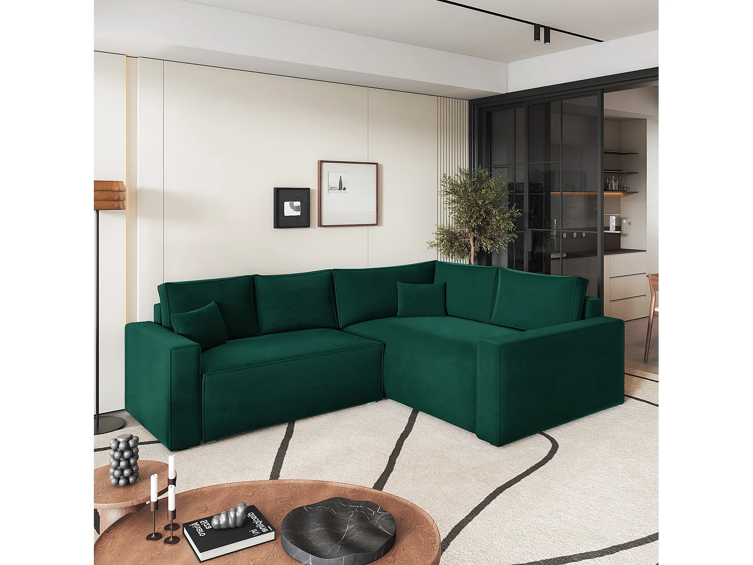 Hoekbank ERONIS van fluweel met slaapfunctie Grün
