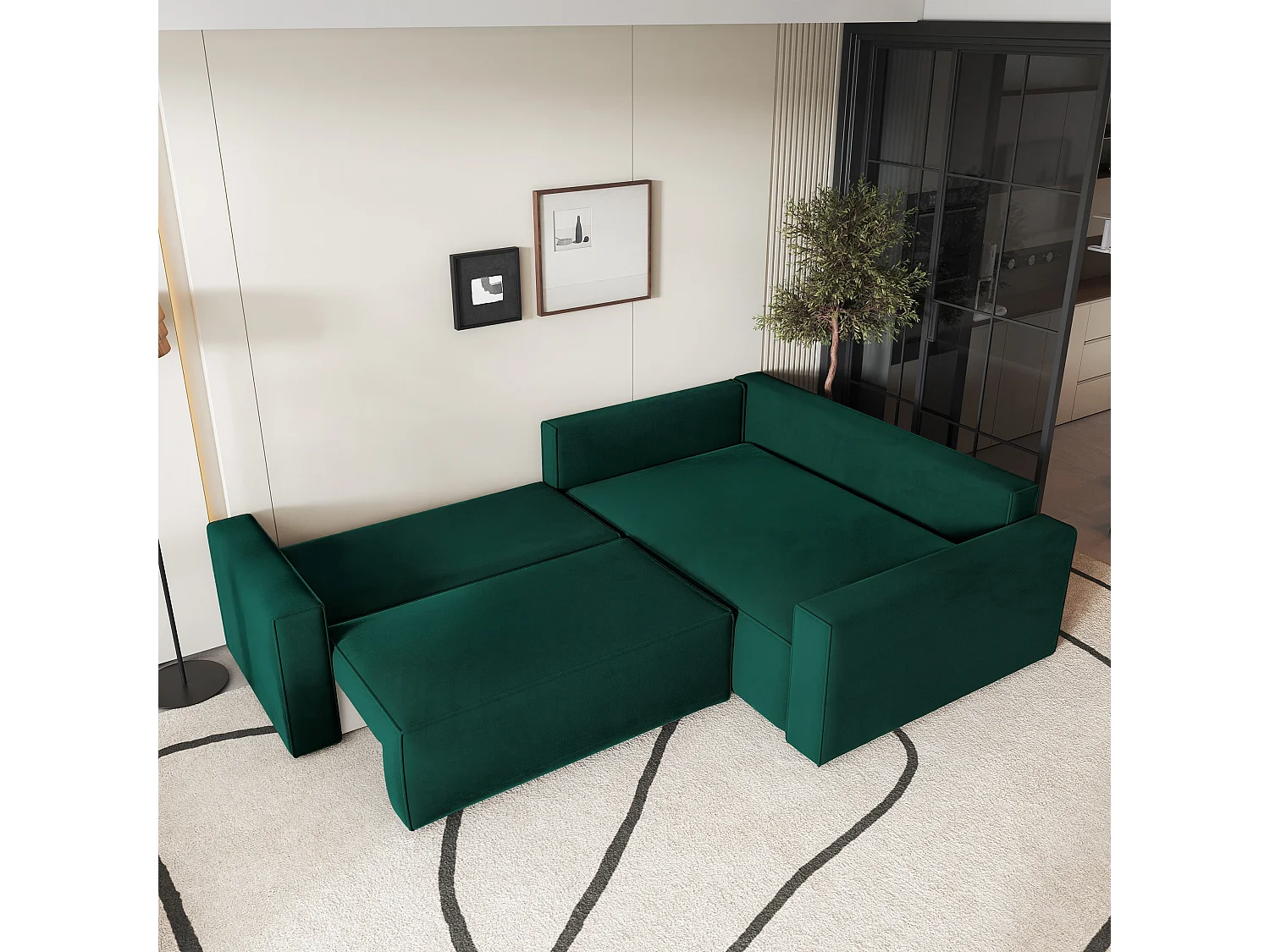 Canapé D'angle Eronis Vert Sapin En Velours Avec Fonction De Couchage