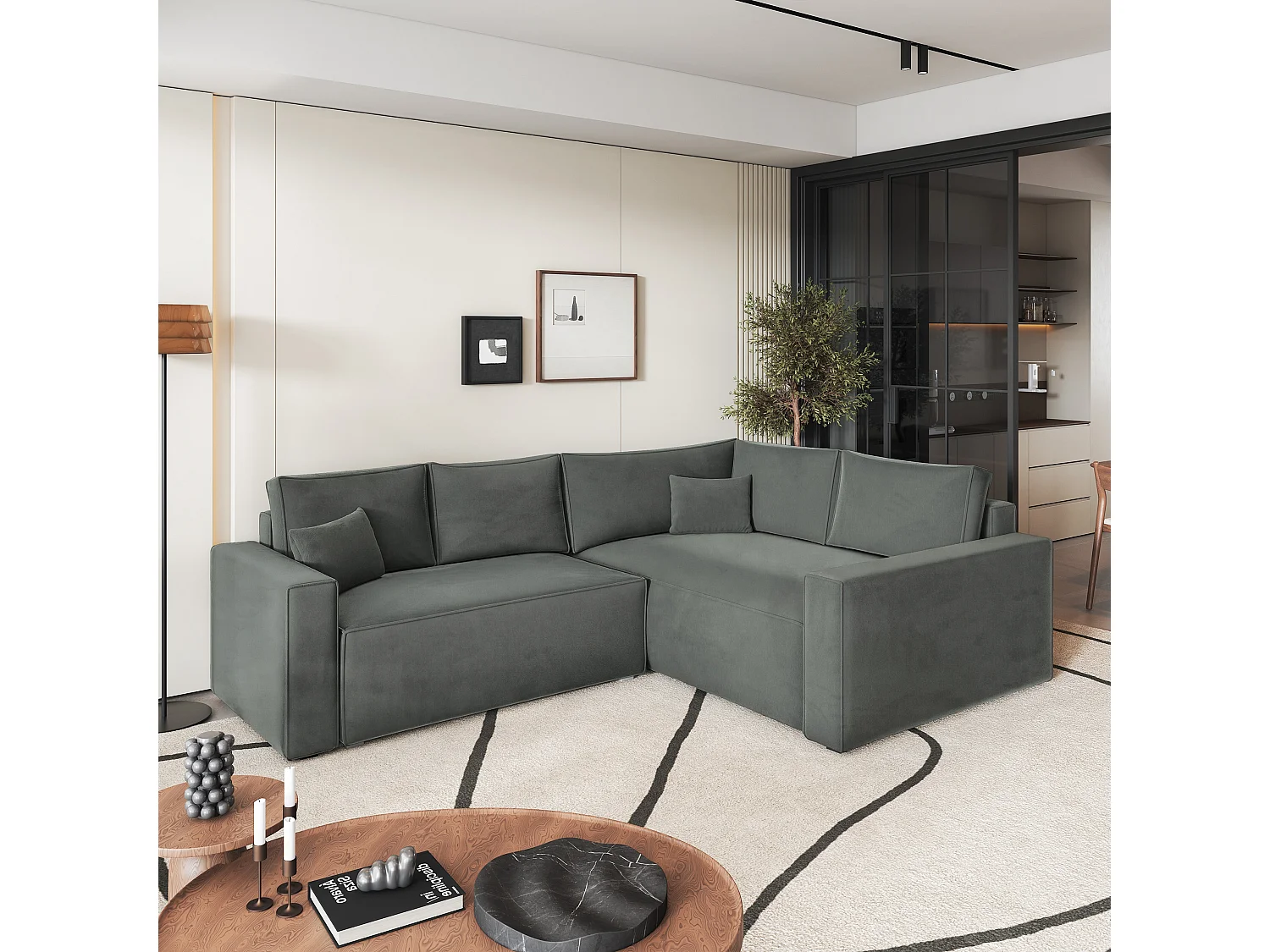 Canapé D'angle Eronis Gris En Velours Avec Fonction De Couchage