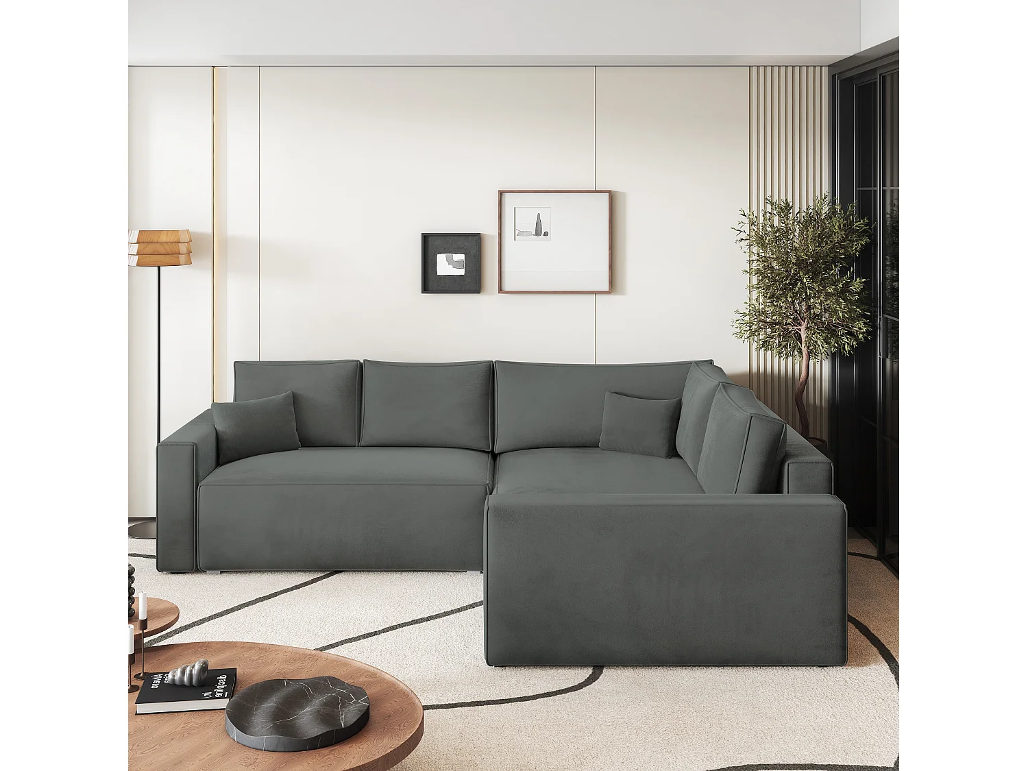 Canapé D'angle Eronis Gris En Velours Avec Fonction De Couchage