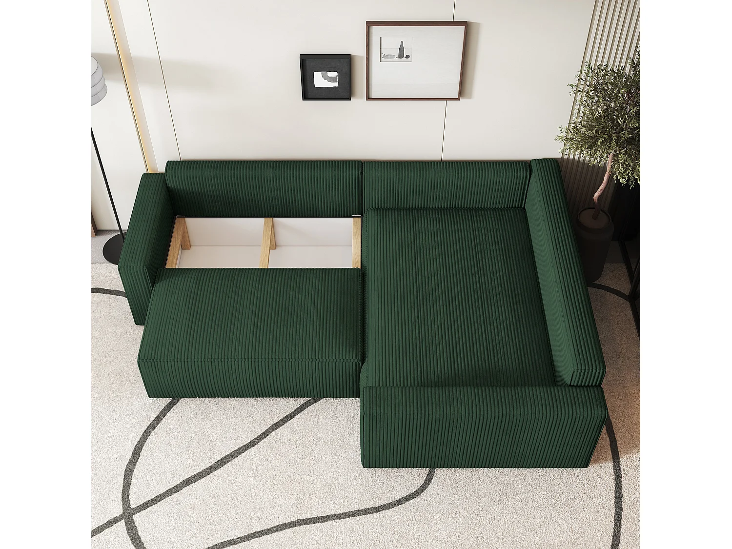 Canapé D'angle Eronis Vert En Velours Côtelé Avec Fonction De Couchage