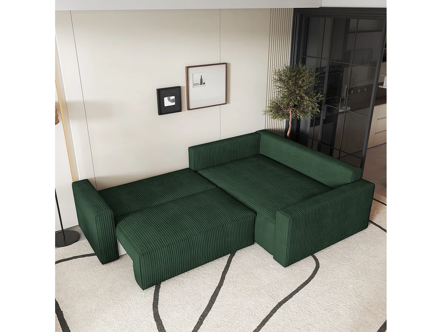 Canapé D'angle Eronis Vert En Velours Côtelé Avec Fonction De Couchage