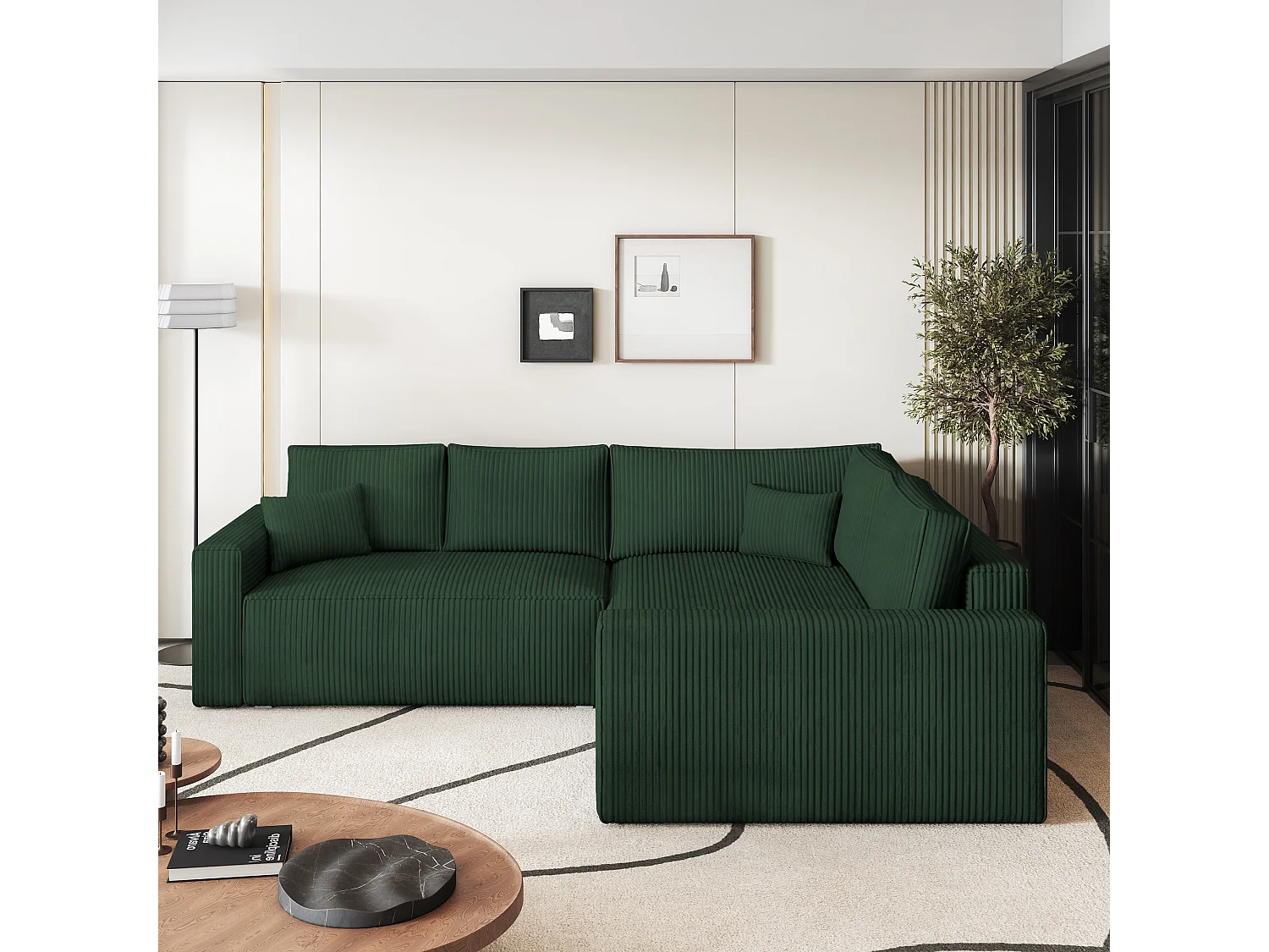 Canapé D'angle Eronis Vert En Velours Côtelé Avec Fonction De Couchage