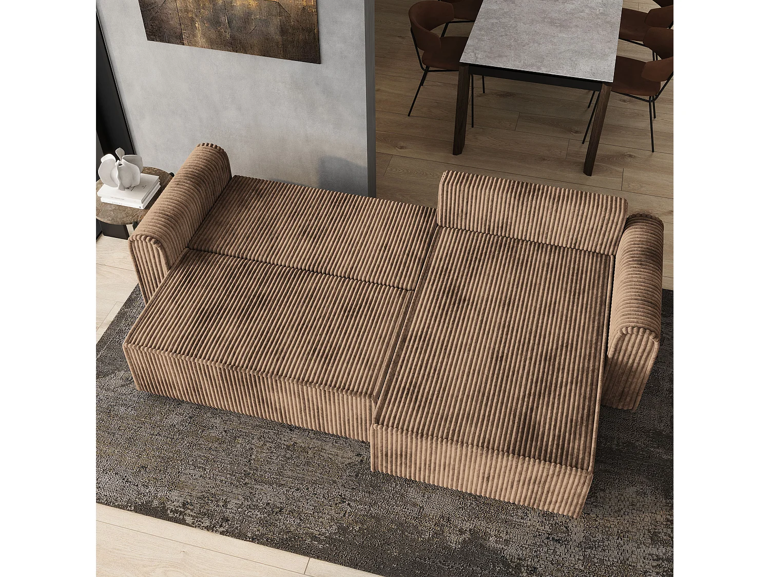 Hoekbank VALTINO van fluweel met slaapfunctie Beige