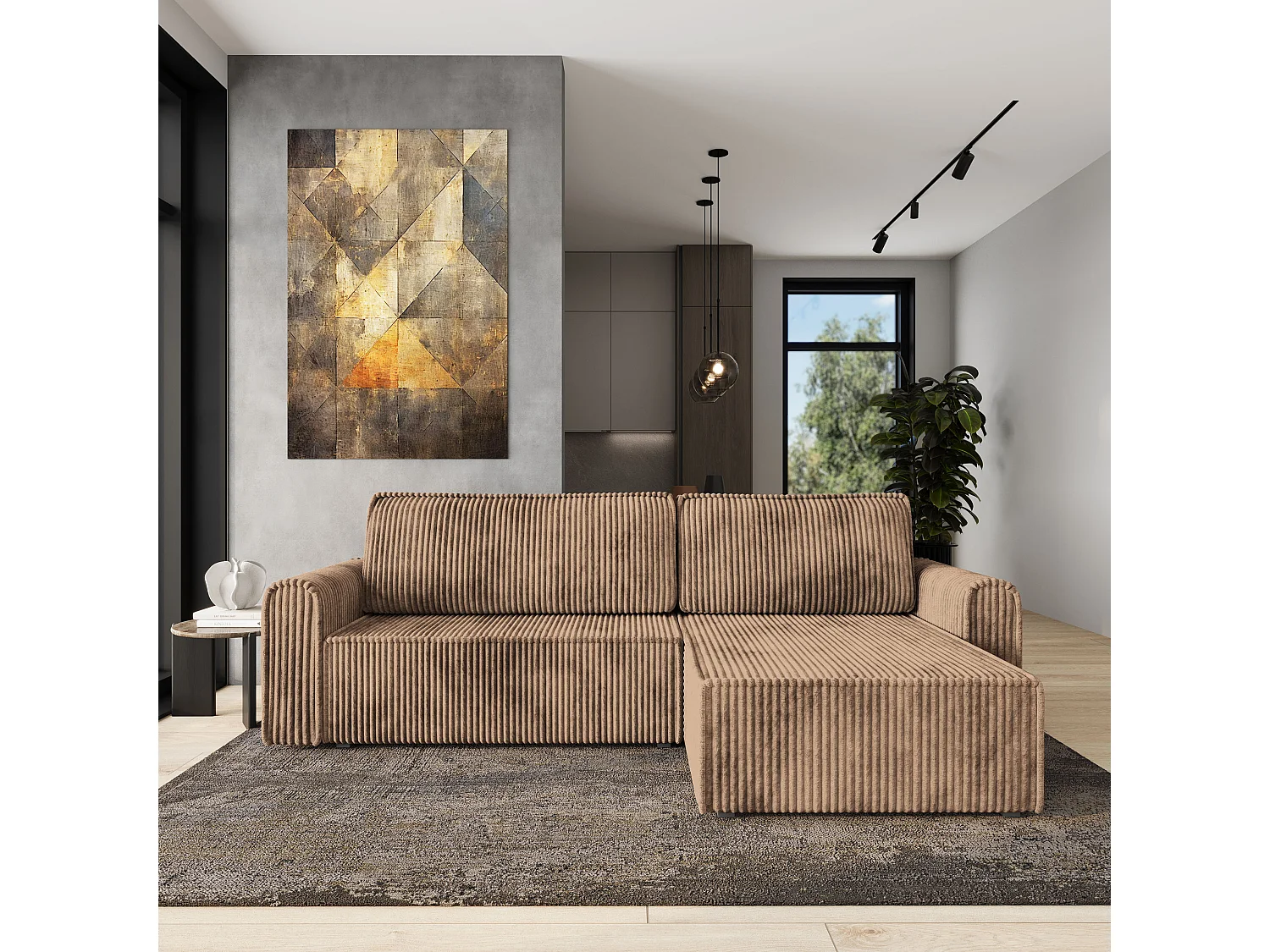 Hoekbank VALTINO van fluweel met slaapfunctie Beige