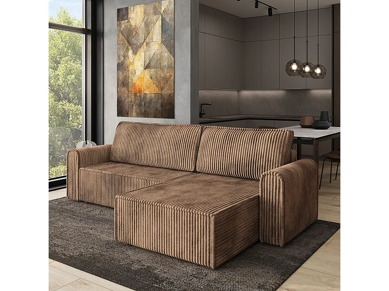 Canapé d'angle VALTINO Beige en velours côtelé avec fonction de couchage