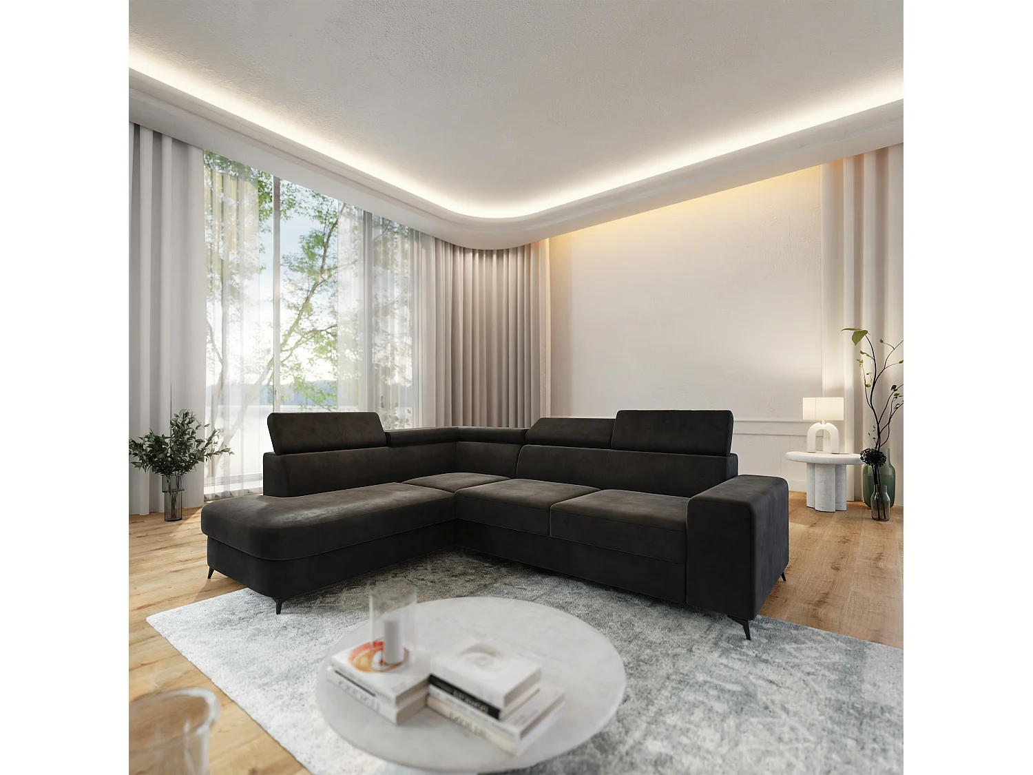Hoekbank ALVORO van fluweel met slaapfunctie Schwarz