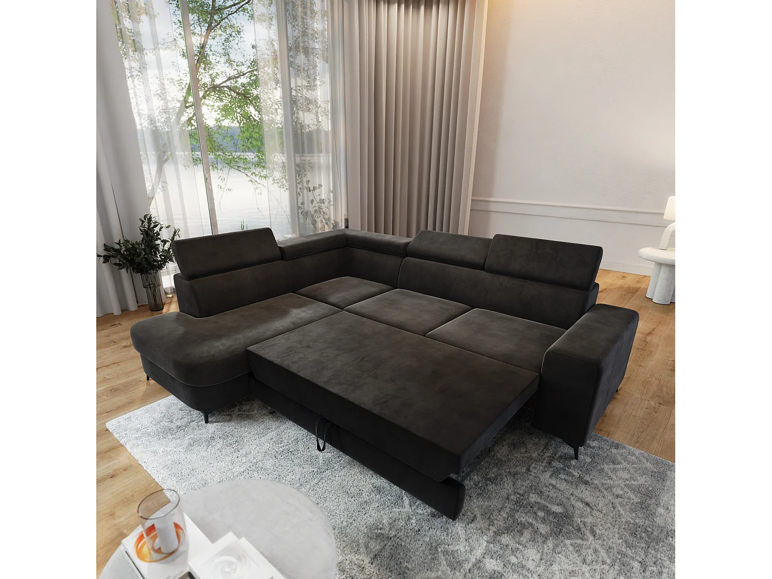 Hoekbank ALVORO van fluweel met slaapfunctie Schwarz
