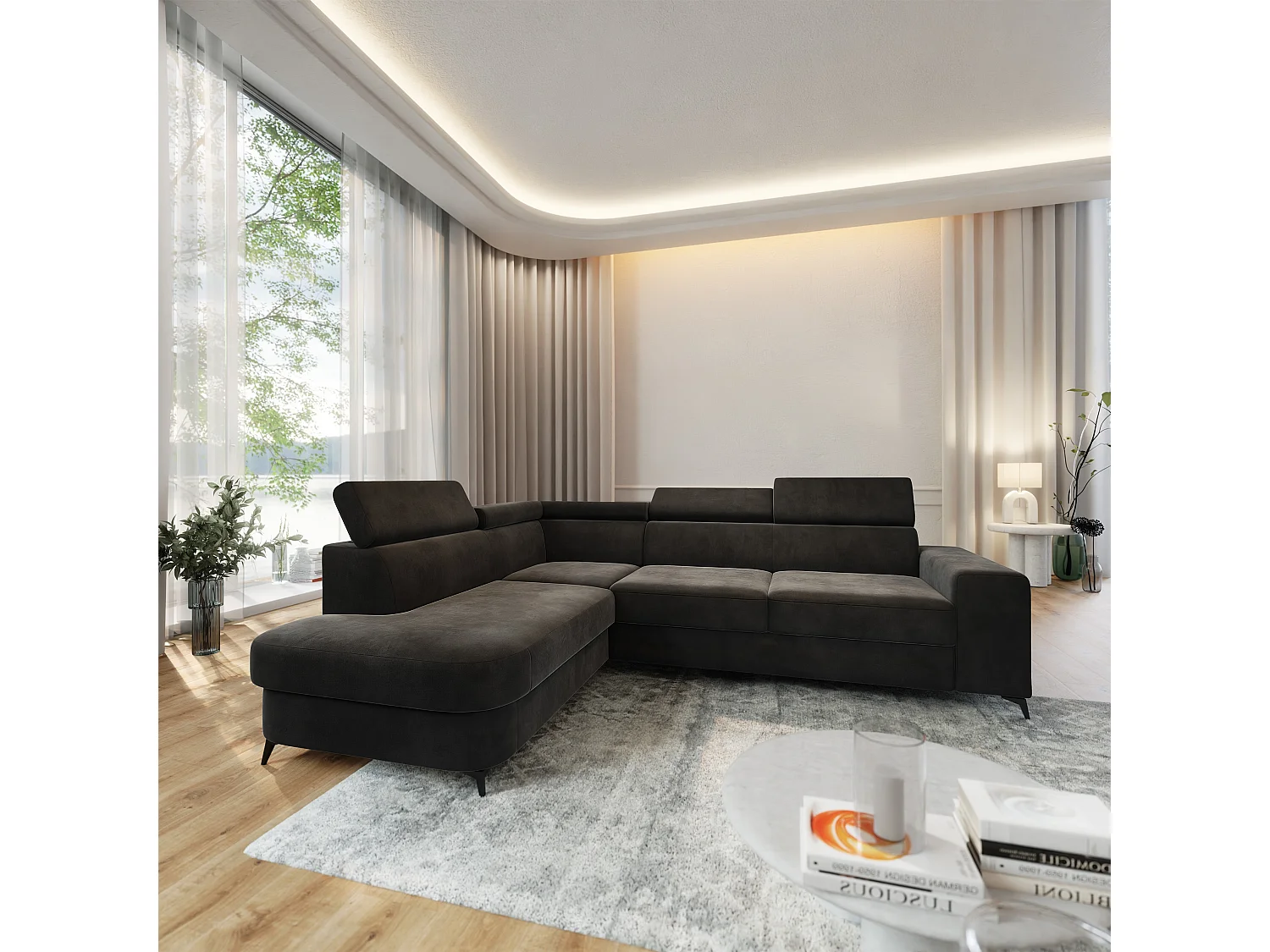 Hoekbank ALVORO van fluweel met slaapfunctie Schwarz