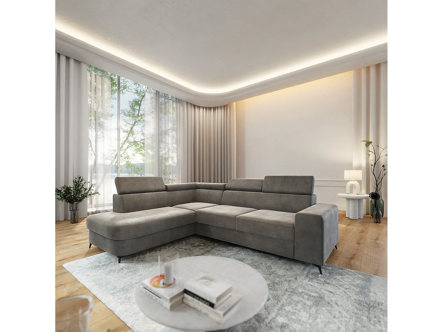 Hoekbank ALVORO van fluweel met slaapfunctie Grau