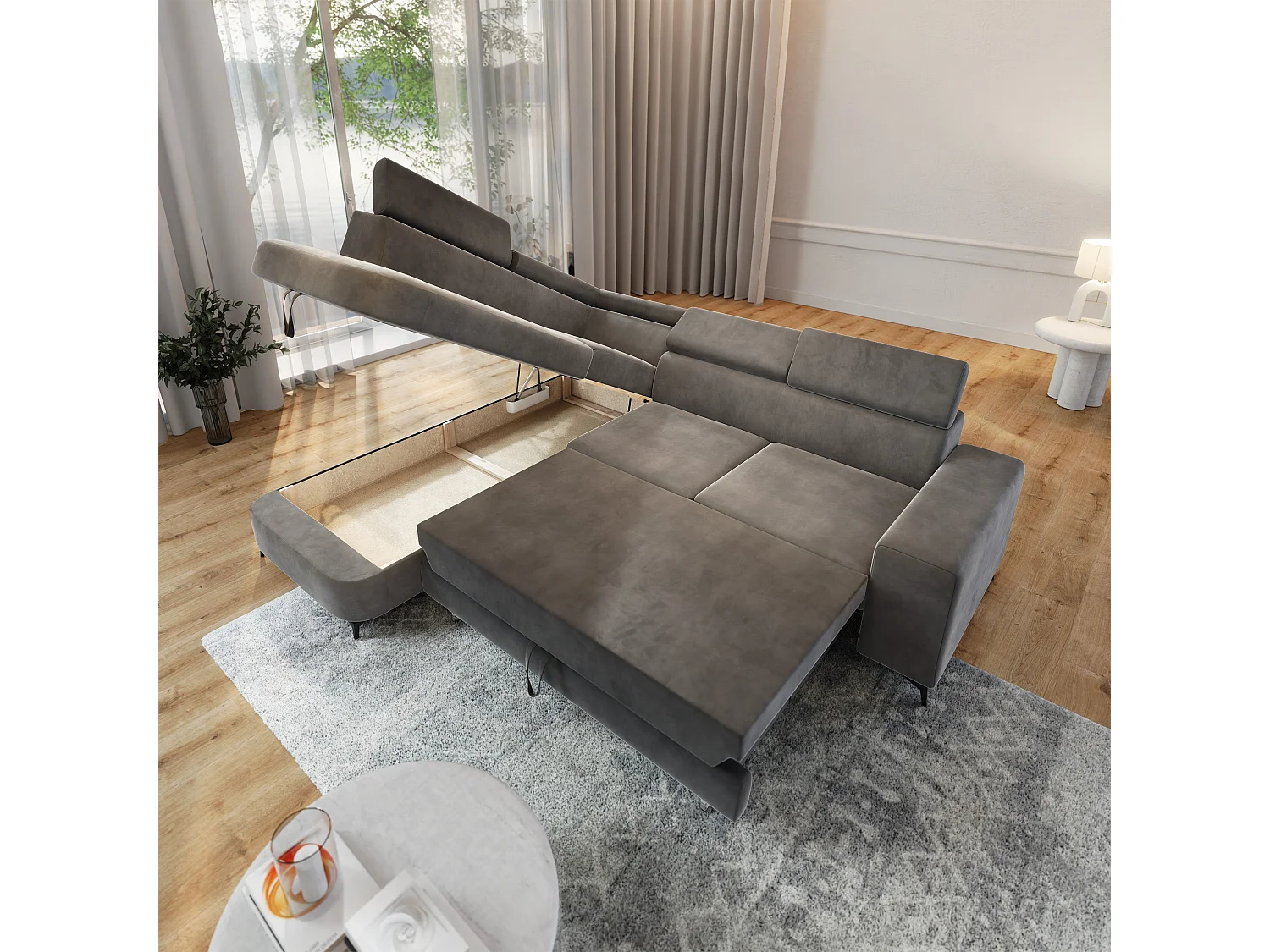 Hoekbank ALVORO van fluweel met slaapfunctie Grau