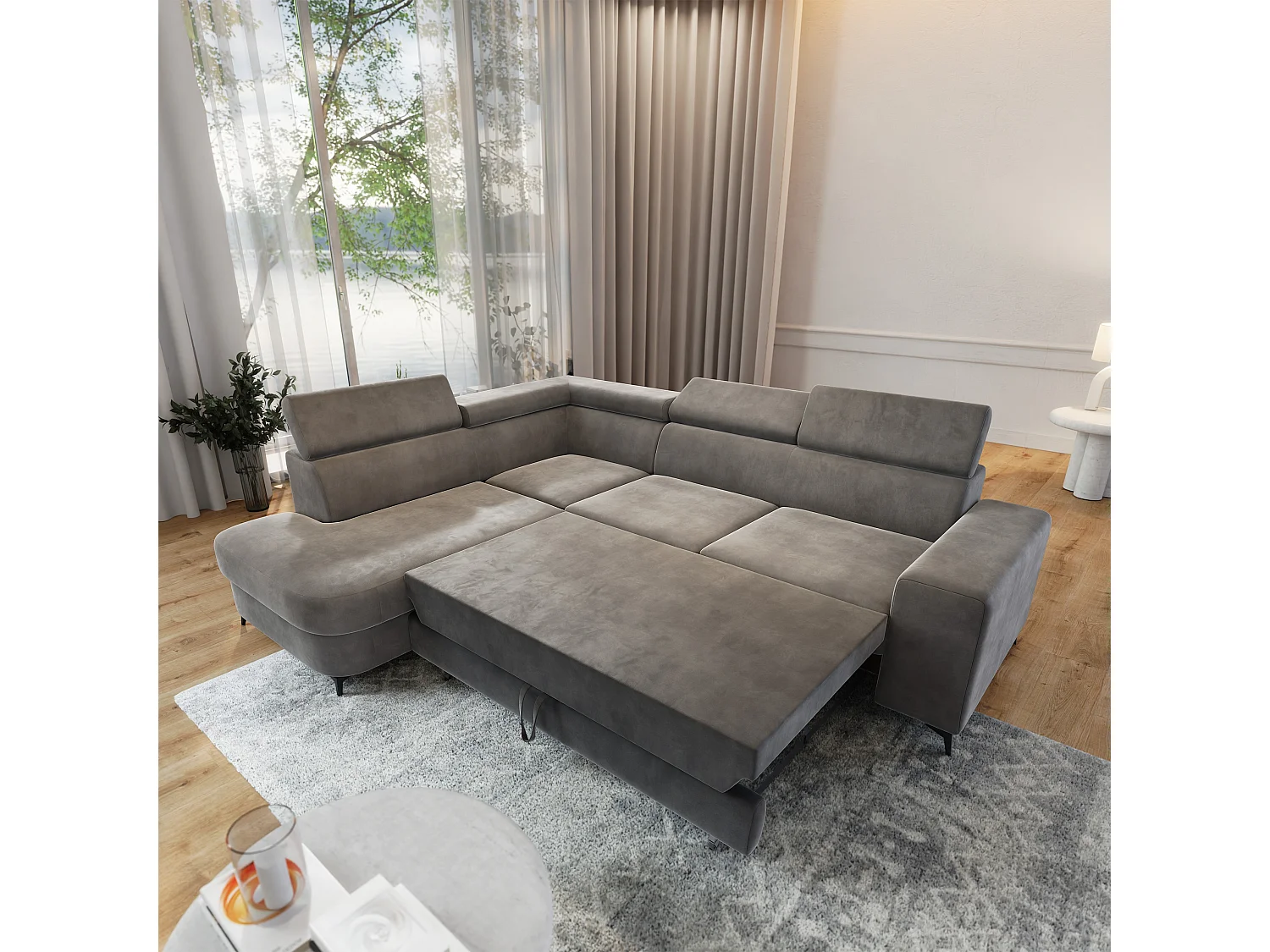 Hoekbank ALVORO van fluweel met slaapfunctie Grau