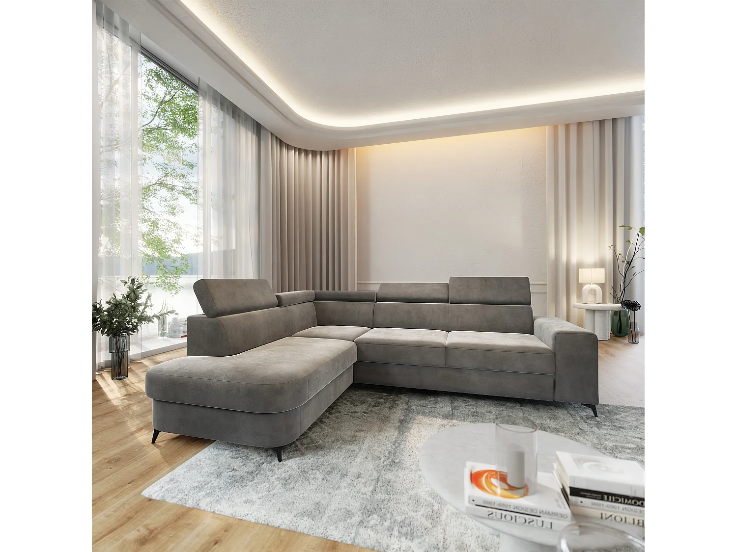 Hoekbank ALVORO van fluweel met slaapfunctie Grau