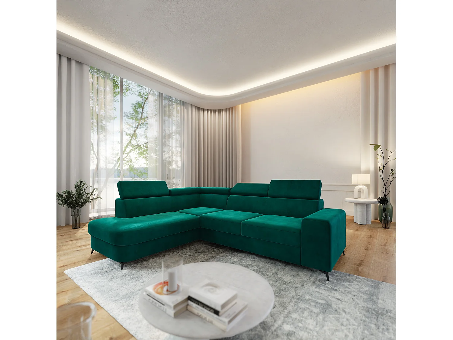 Hoekbank ALVORO van fluweel met slaapfunctie Grün