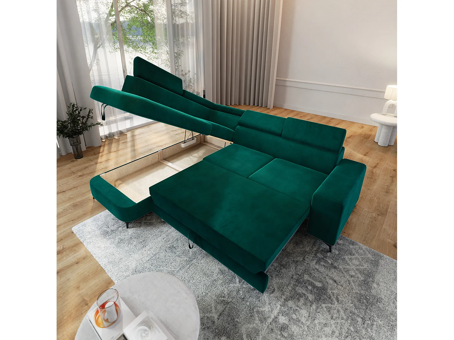 Hoekbank ALVORO van fluweel met slaapfunctie Grün