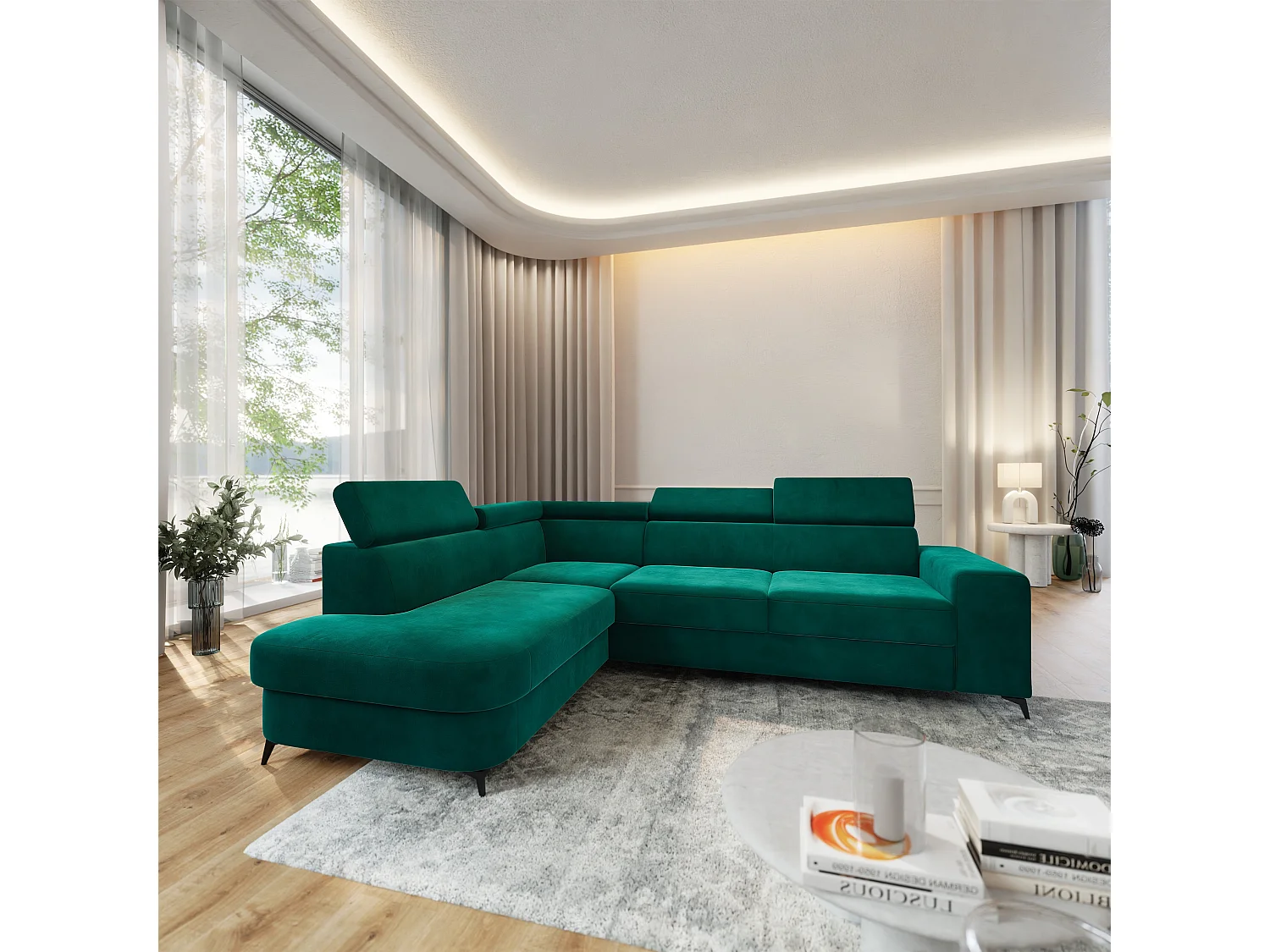Hoekbank ALVORO van fluweel met slaapfunctie Grün
