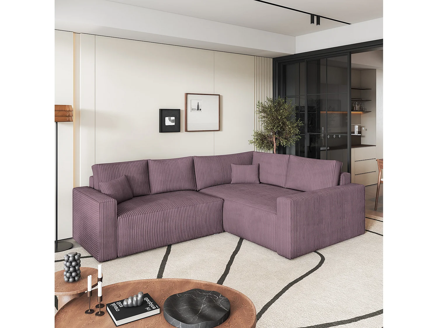 Canapé D'angle Eronis Violet En Velours Côtelé Avec Fonction De Couchage