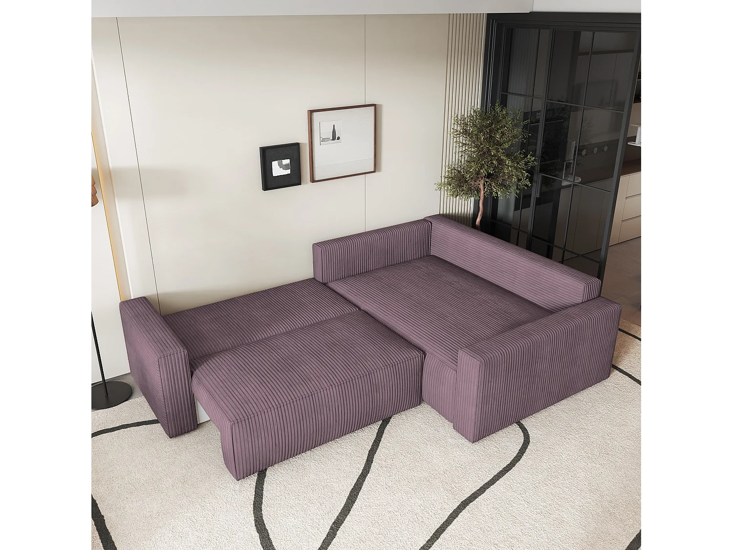 Canapé D'angle Eronis Violet En Velours Côtelé Avec Fonction De Couchage