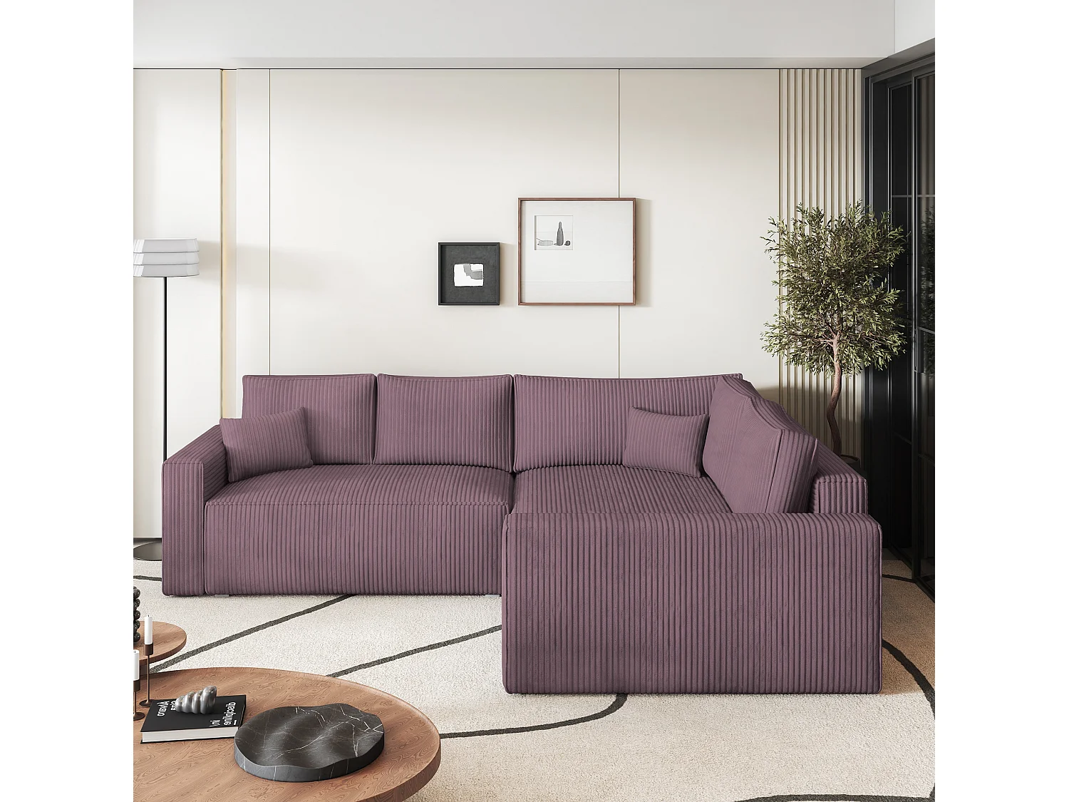 Canapé D'angle Eronis Violet En Velours Côtelé Avec Fonction De Couchage