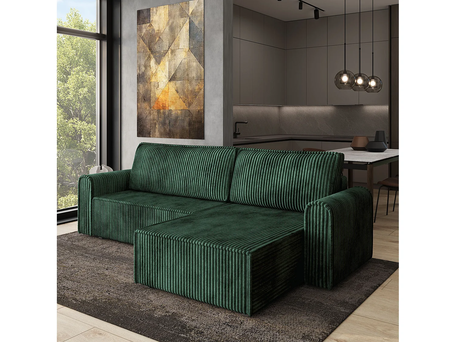 Hoekbank VALTINO van fluweel met slaapfunctie Grün