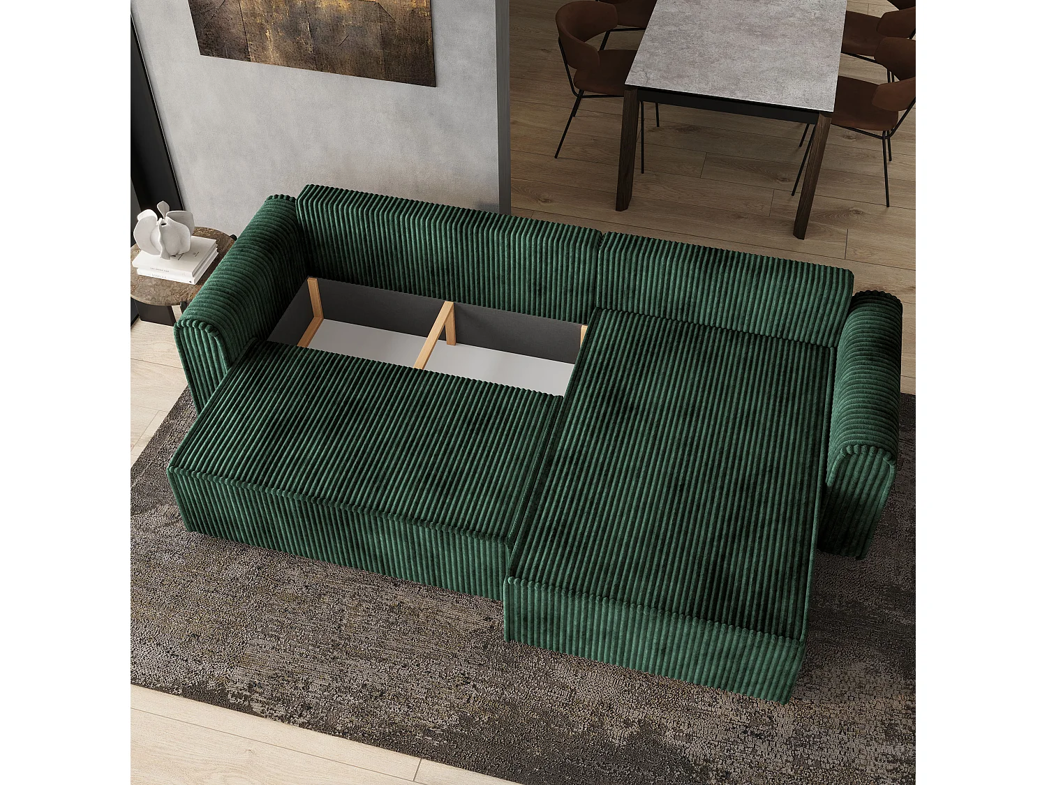 Hoekbank VALTINO van fluweel met slaapfunctie Grün