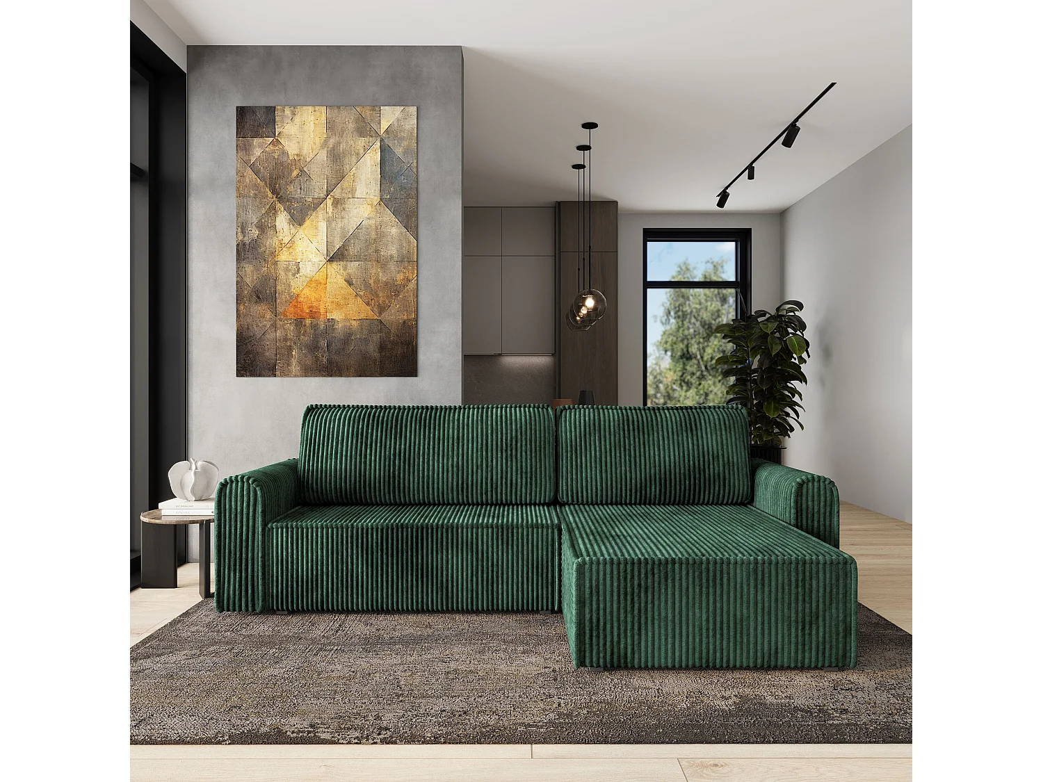 Hoekbank VALTINO van fluweel met slaapfunctie Grün