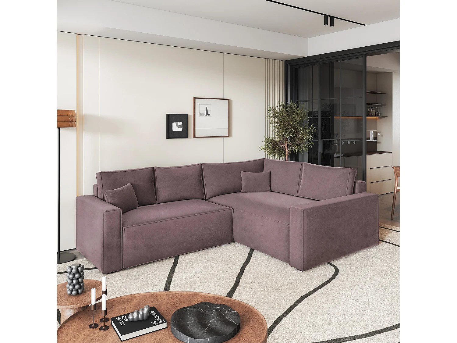 Canapé D'angle Eronis Violet En Velours Avec Fonction De Couchage