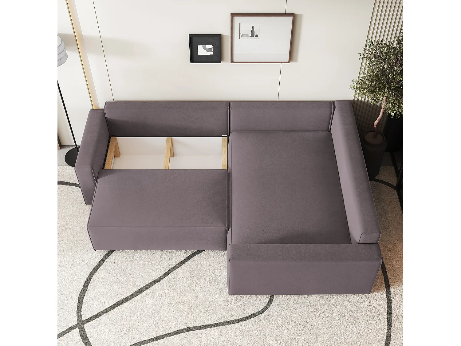 Canapé D'angle Eronis Violet En Velours Avec Fonction De Couchage