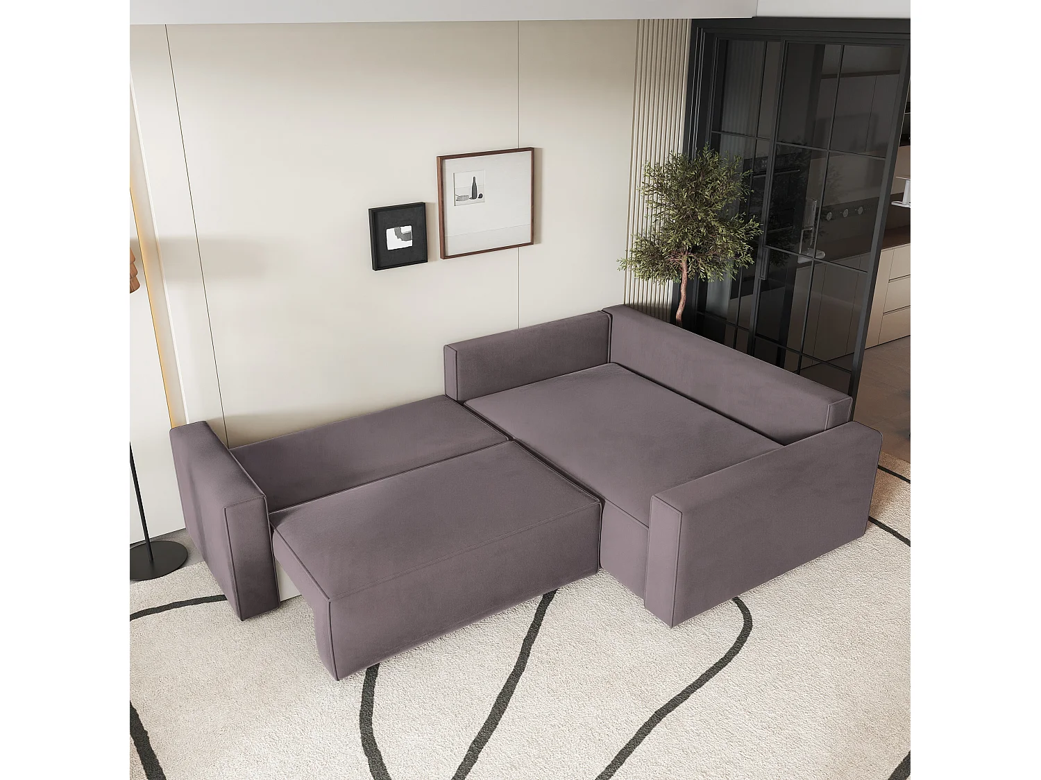 Canapé D'angle Eronis Violet En Velours Avec Fonction De Couchage