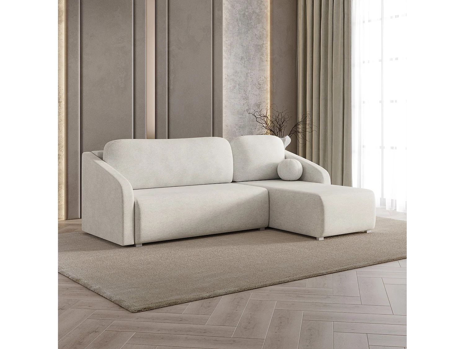 Hoekbank MARELLO van fluweel met slaapfunctie Creme