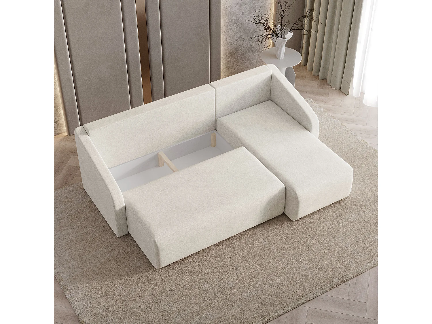 Hoekbank MARELLO van fluweel met slaapfunctie Creme