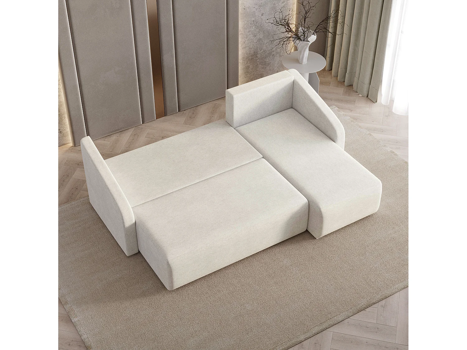 Hoekbank MARELLO van fluweel met slaapfunctie Creme