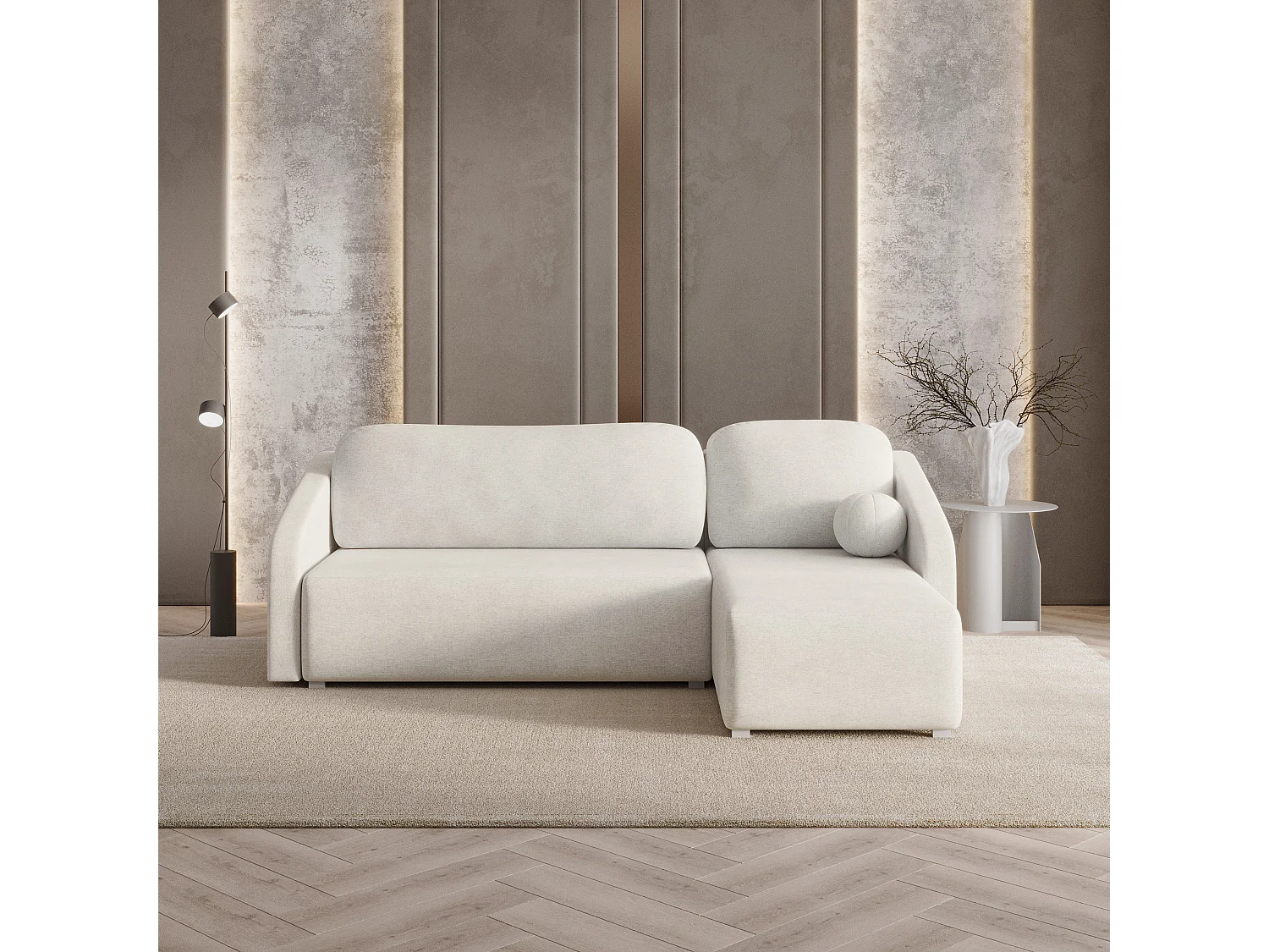 Hoekbank MARELLO van fluweel met slaapfunctie Creme