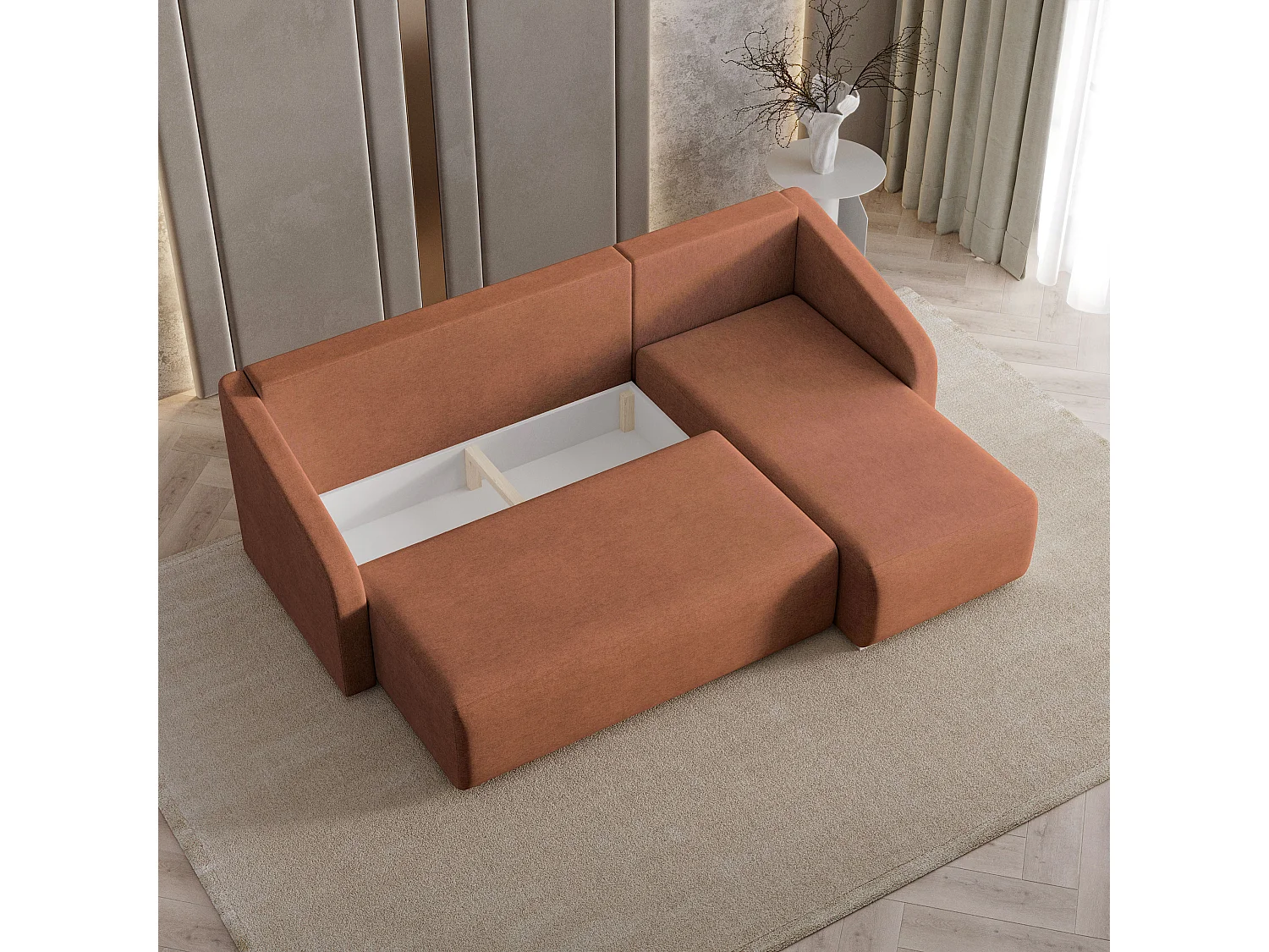Hoekbank MARELLO van fluweel met slaapfunctie Orange