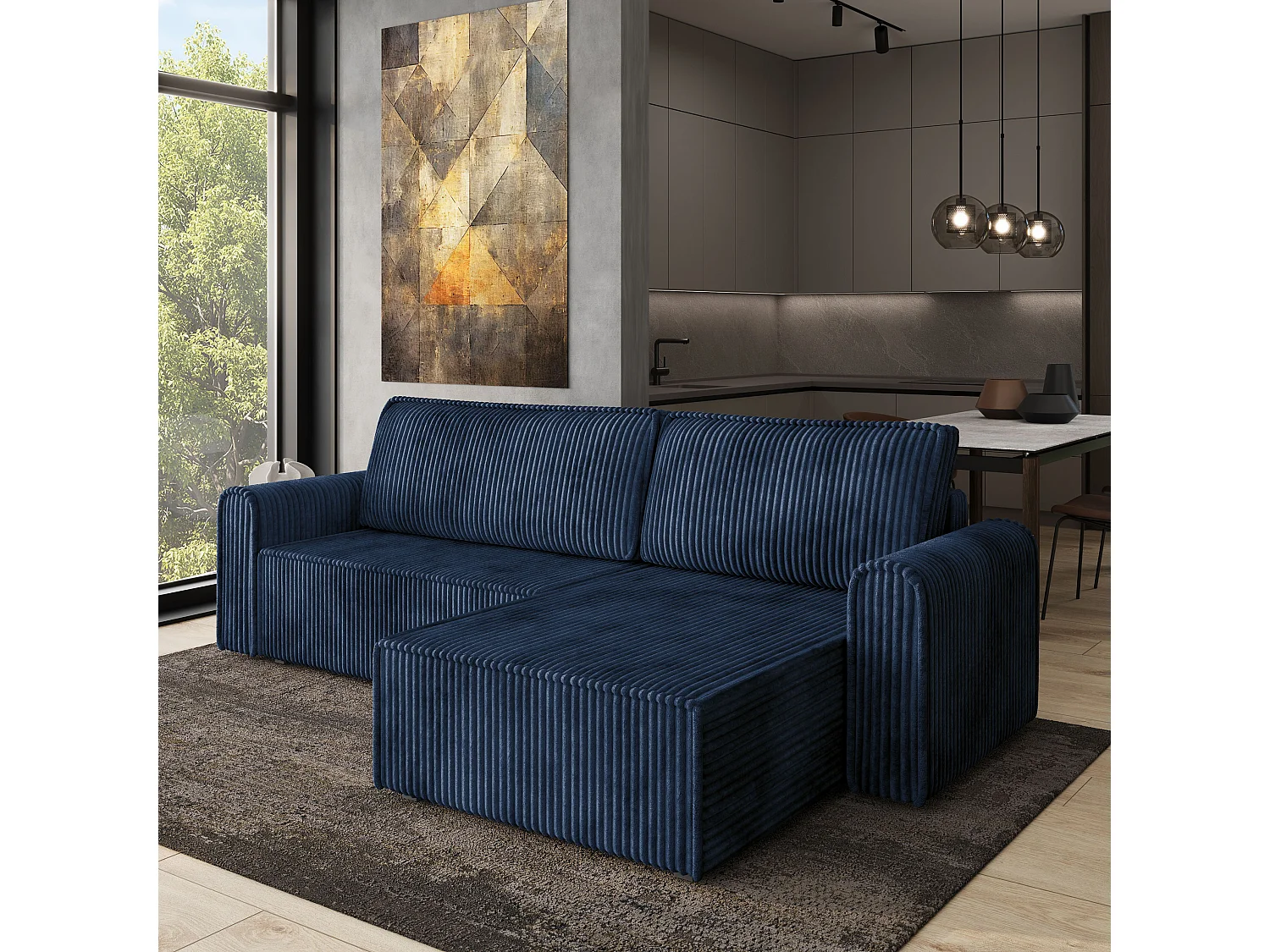 Hoekbank VALTINO van fluweel met slaapfunctie Blau